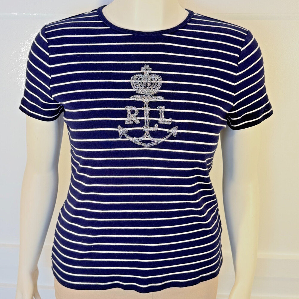 Lauren Ralph Lauren Tee Shirt Womens L Stripe Round Neck Silver Crown Logo